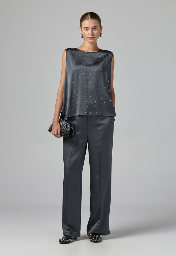 Choice Crystal Embellished Sleeveless Top Grey