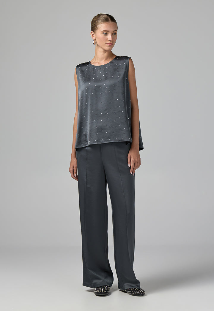 Choice Crystal Embellished Sleeveless Top Grey