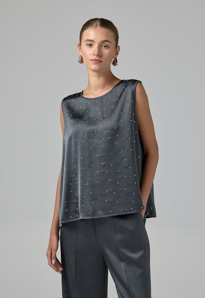 Choice Crystal Embellished Sleeveless Top Grey