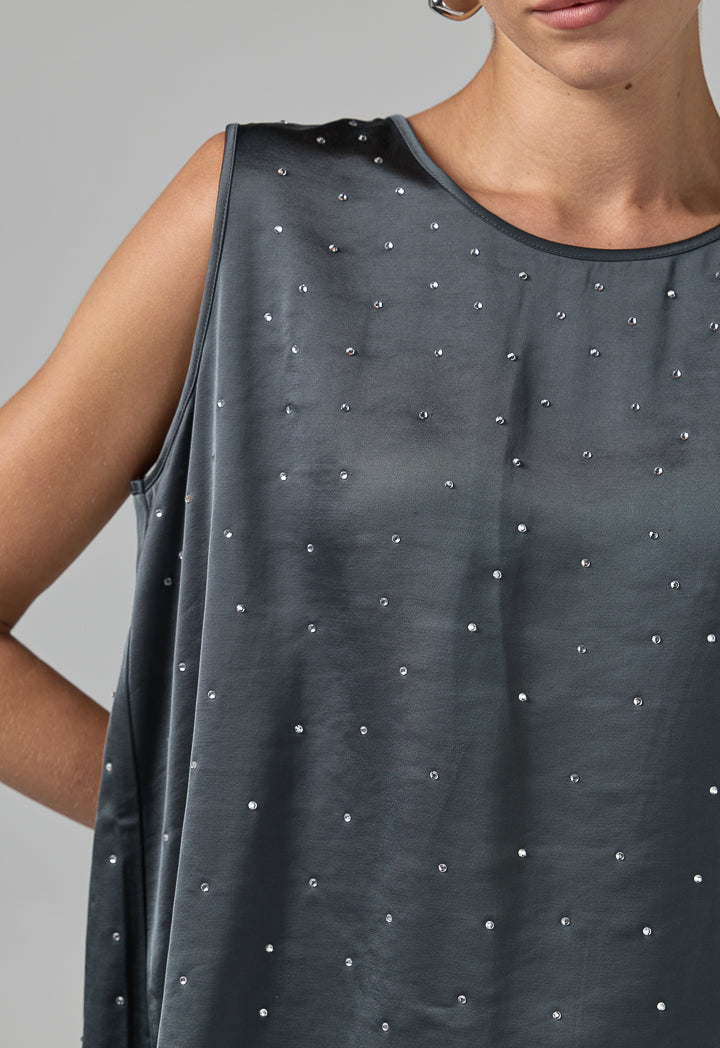 Choice Crystal Embellished Sleeveless Top Grey