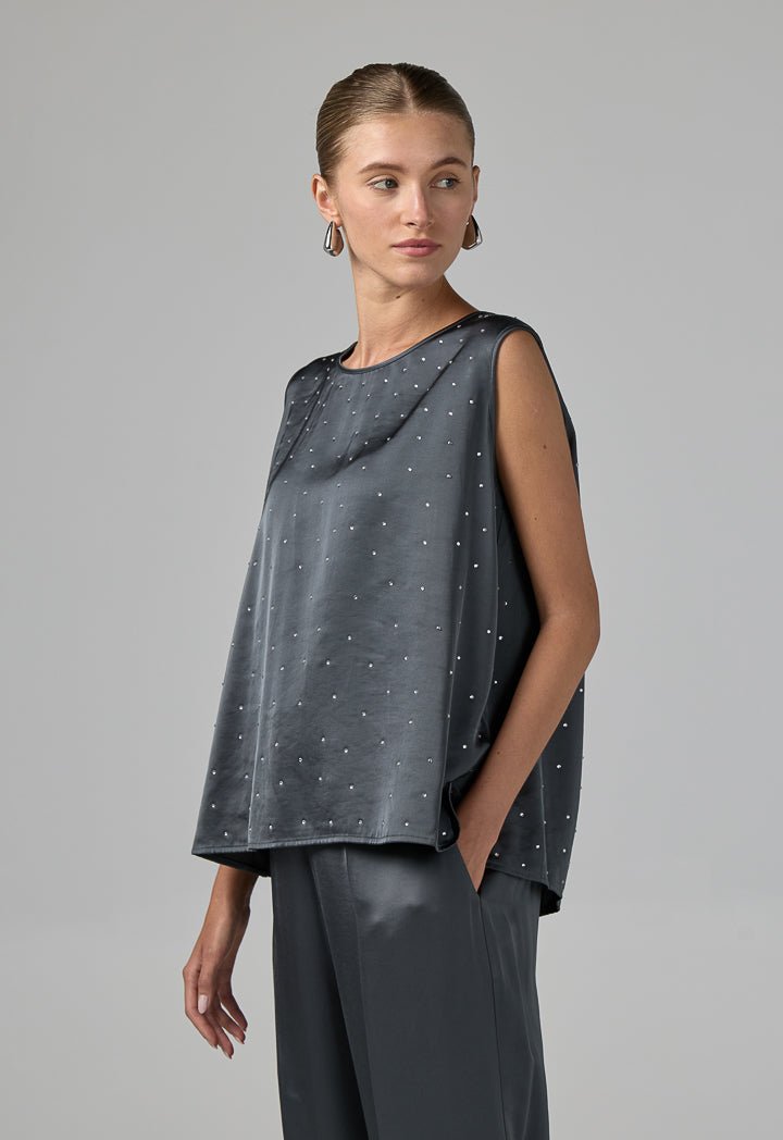 Choice Crystal Embellished Sleeveless Top Grey