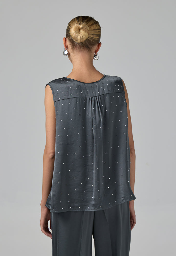 Choice Crystal Embellished Sleeveless Top Grey