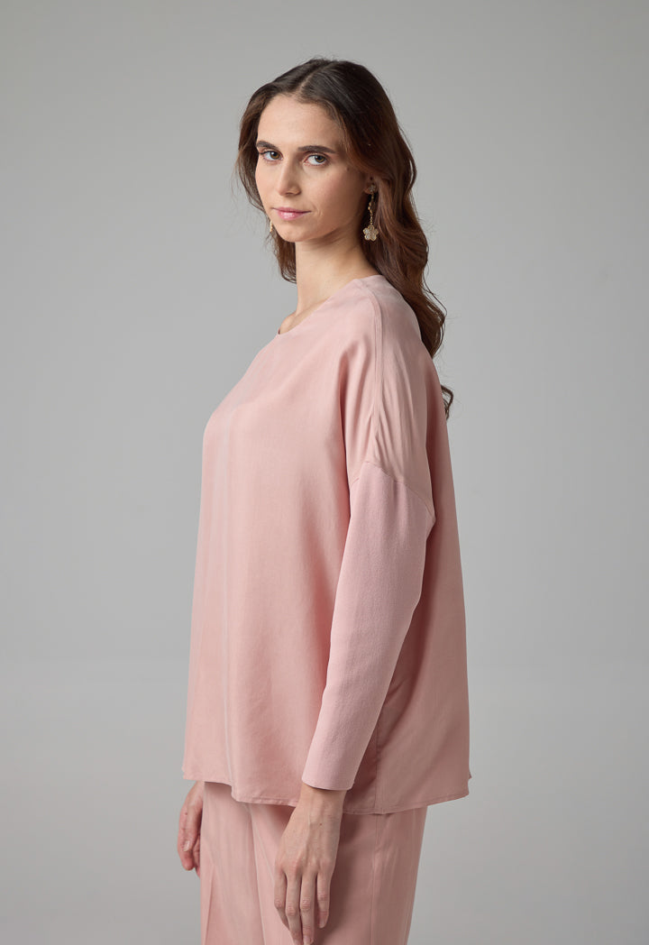 Choice Contrast Long Sleeve Blouse Blush