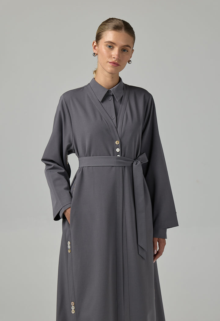 Choice Single Tone Long Sleeve Abaya With Hijab (2 Pcs) Grey