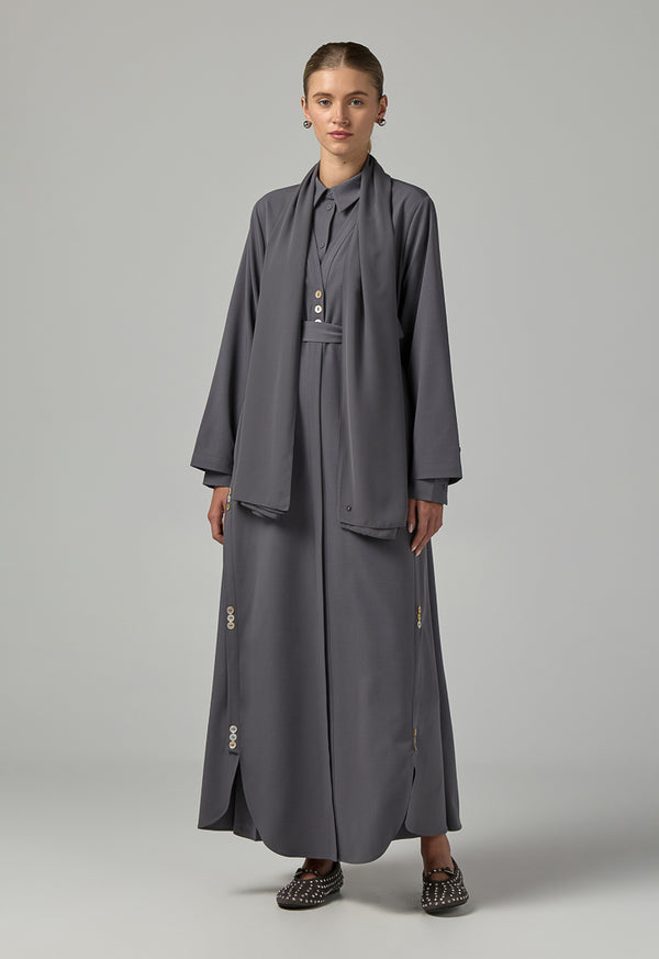 Choice Single Tone Long Sleeve Abaya With Hijab (2 Pcs) Grey