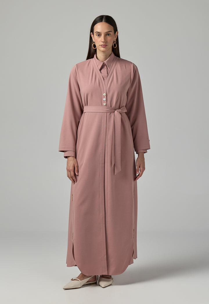 Choice Single Tone Long Sleeve Abaya With Hijab (2 Pcs) Pink