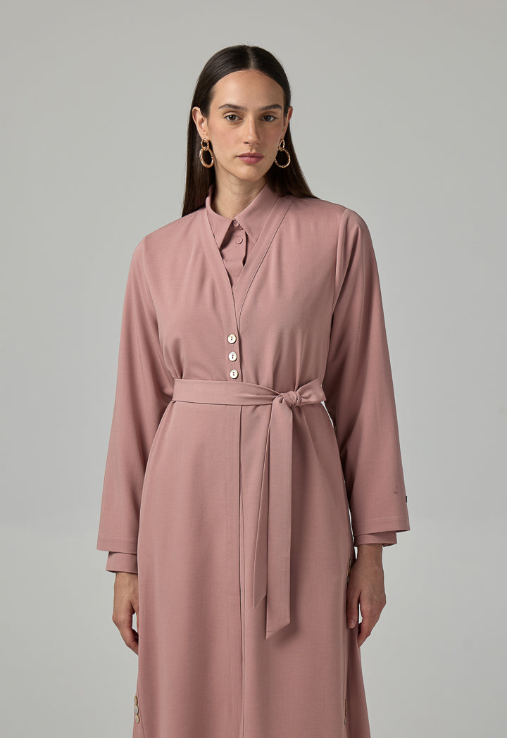 Choice Single Tone Long Sleeve Abaya With Hijab (2 Pcs) Pink