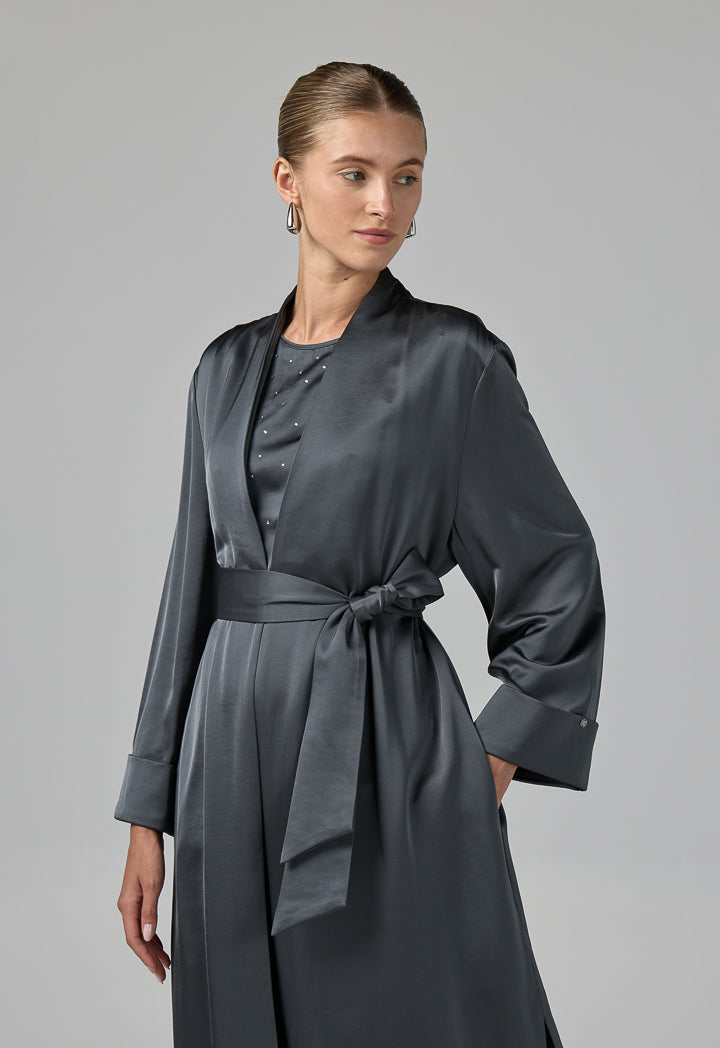 Choice Long Sleeve Solid Open Abaya With Hijab (2Pcs) Grey