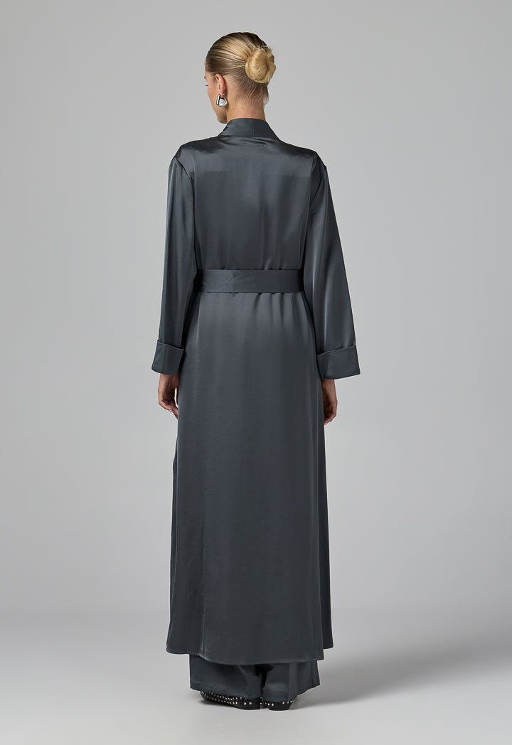 Choice Long Sleeve Solid Open Abaya With Hijab (2Pcs) Grey