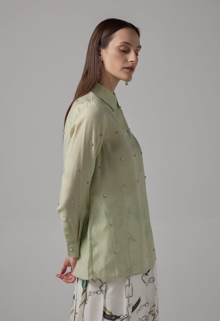 Choice Solid Crystal Embellished Shirt Mint