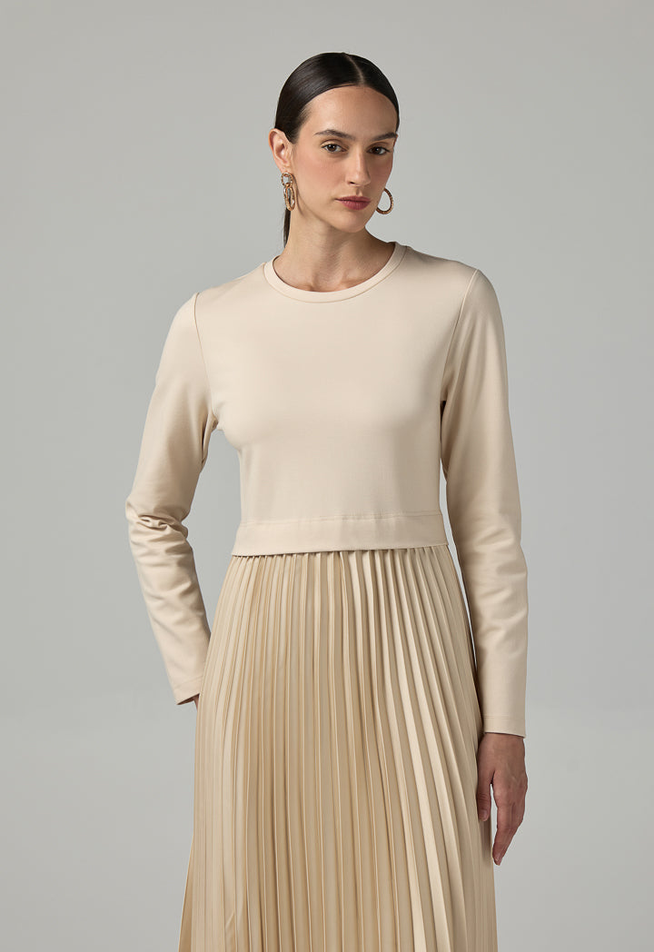 Choice Solid Pleated Maxi Dress Beige