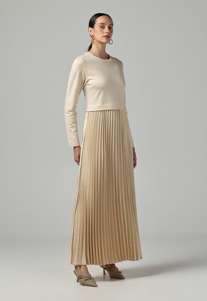 Choice Solid Pleated Maxi Dress Beige