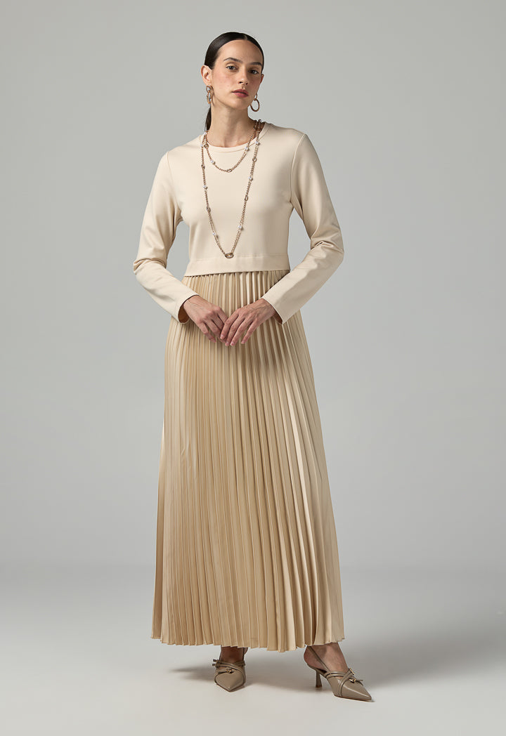 Choice Solid Pleated Maxi Dress Beige
