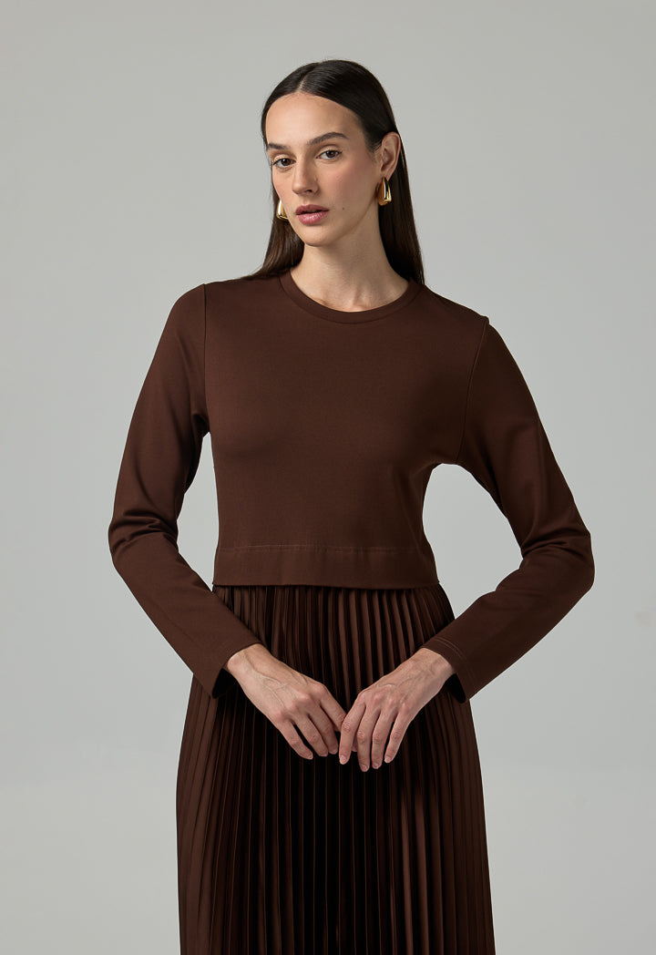 Choice Solid Pleated Maxi Dress Brown