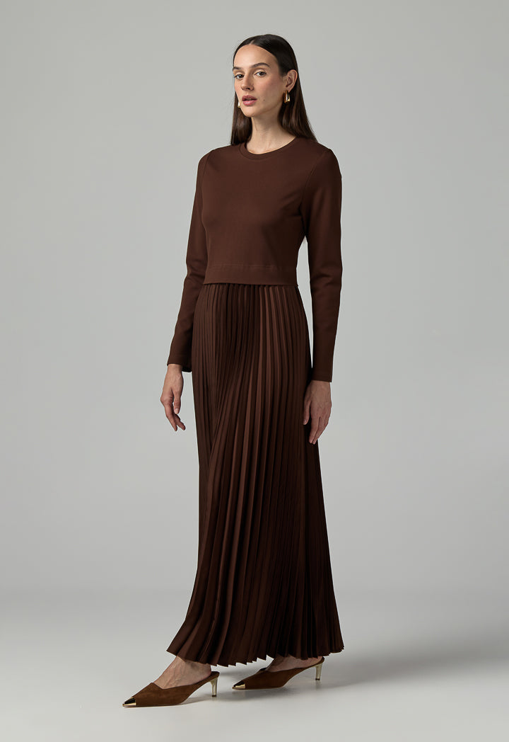 Choice Solid Pleated Maxi Dress Brown
