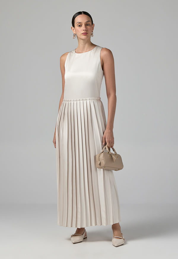Choice Sleeveless Pleated Dress Beige