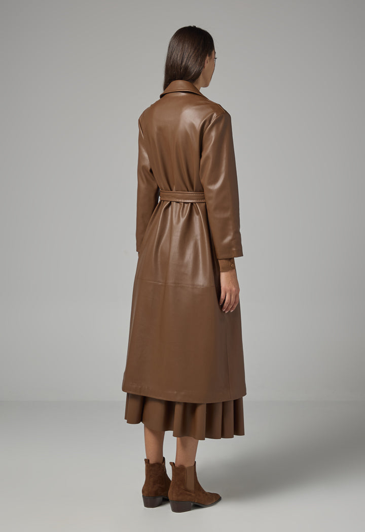 Choice Pu Leather Belted Maxi Trench Coat Brown