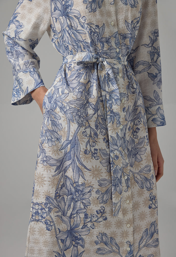 Choice Floral Printed Belted Shirt Dress Blue