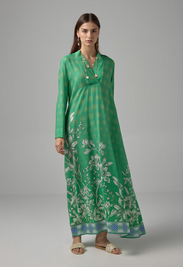 Choice V-Neck Printed Flared Dress Green