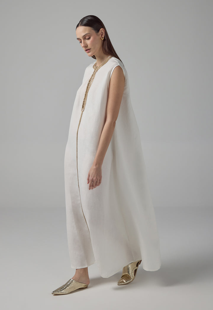 Choice Sleeveless Flared Lurex Kaftan Dress Off White