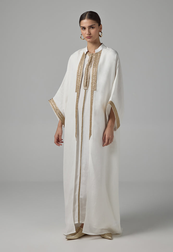 Choice Long Kimono Sleeves Mirror Embroidered Abaya Off White