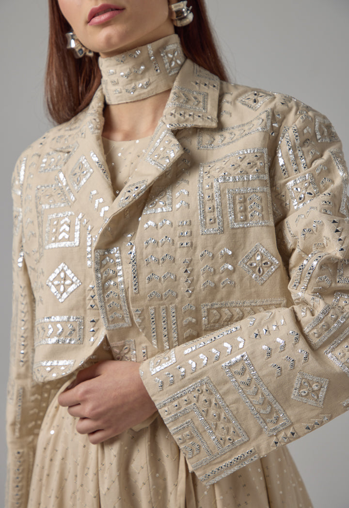 Choice Long Sleeve Mirror Embroidered Cropped Jacket Beige