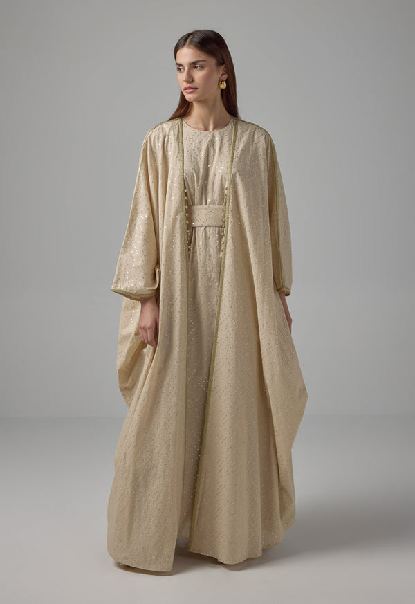 Choice Oversized Belted Sequin Maxi Abaya Beige