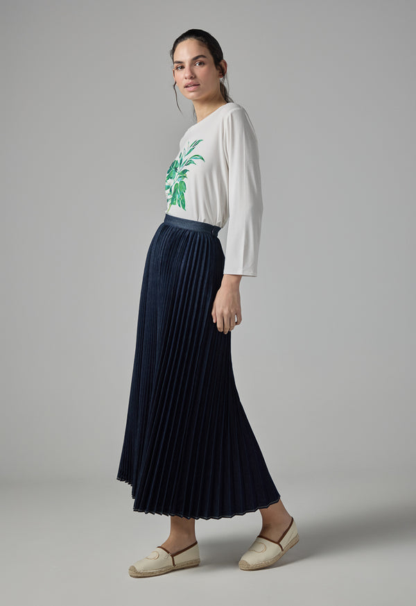 Choice Solid Flared Pleated Denim Skirt Navy