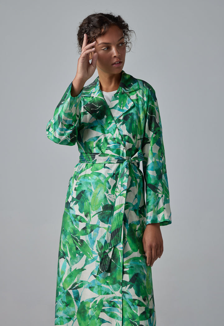 Choice Floral Print Belted Coat Green