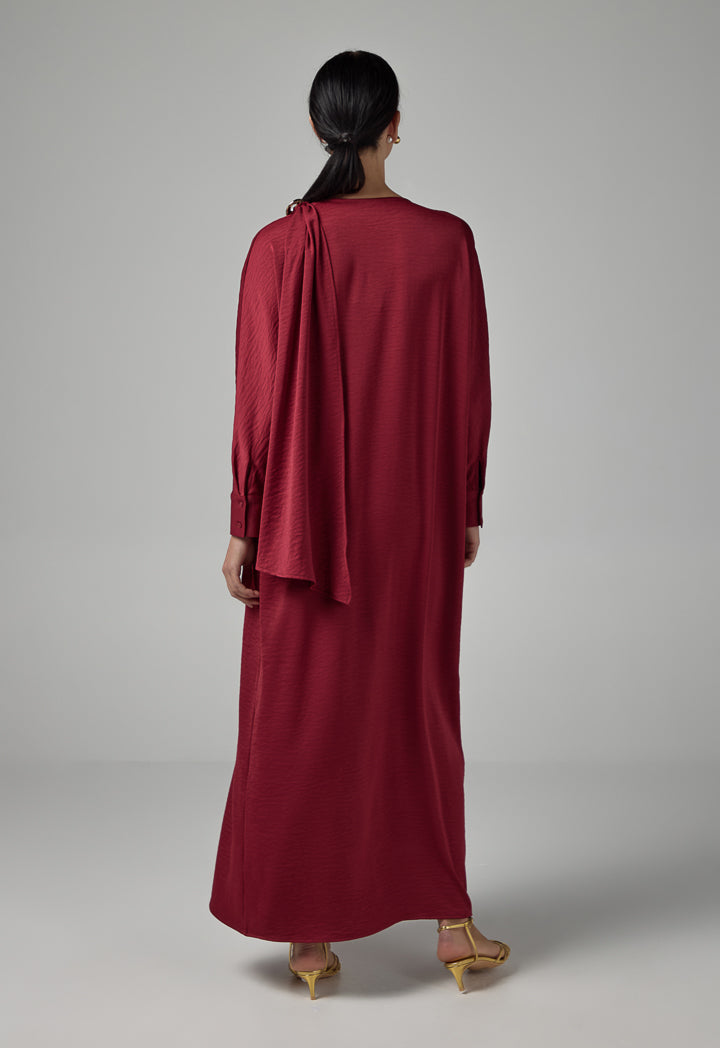 Choice Solid Maxi Dress With Attachable Scarf  Burgundy