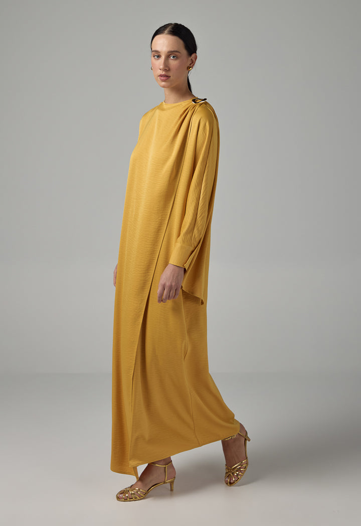 Choice Solid Maxi Dress With Attachable Scarf  Mustard