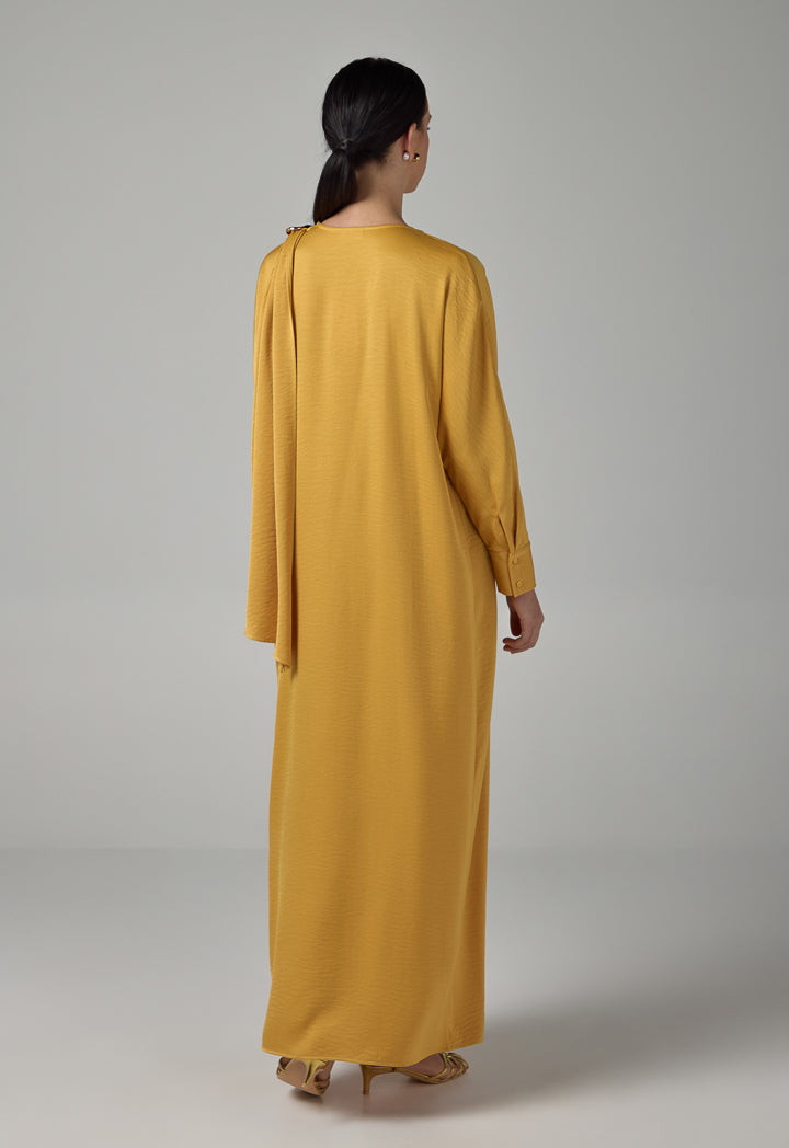 Choice Solid Maxi Dress With Attachable Scarf  Mustard