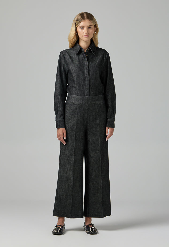 Choice Solid Wide Leg Denim Trousers Black