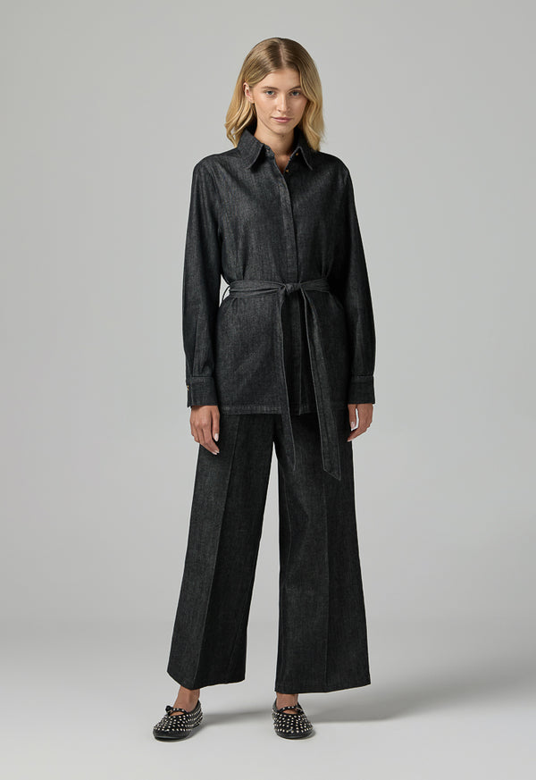 Choice Solid Belted Denim Shirt  Black