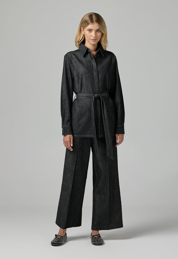 Choice Solid Belted Denim Shirt  Black