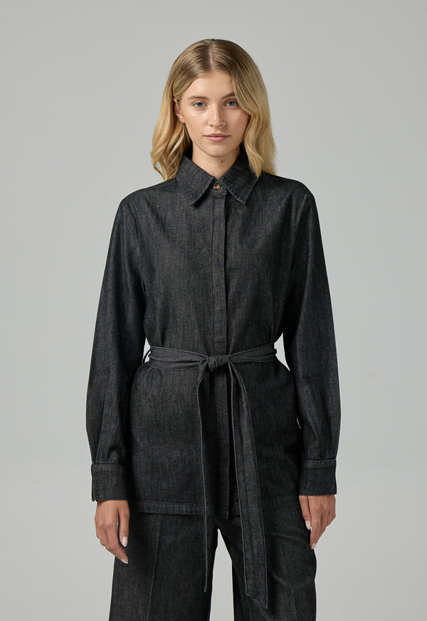 Choice Solid Belted Denim Shirt  Black