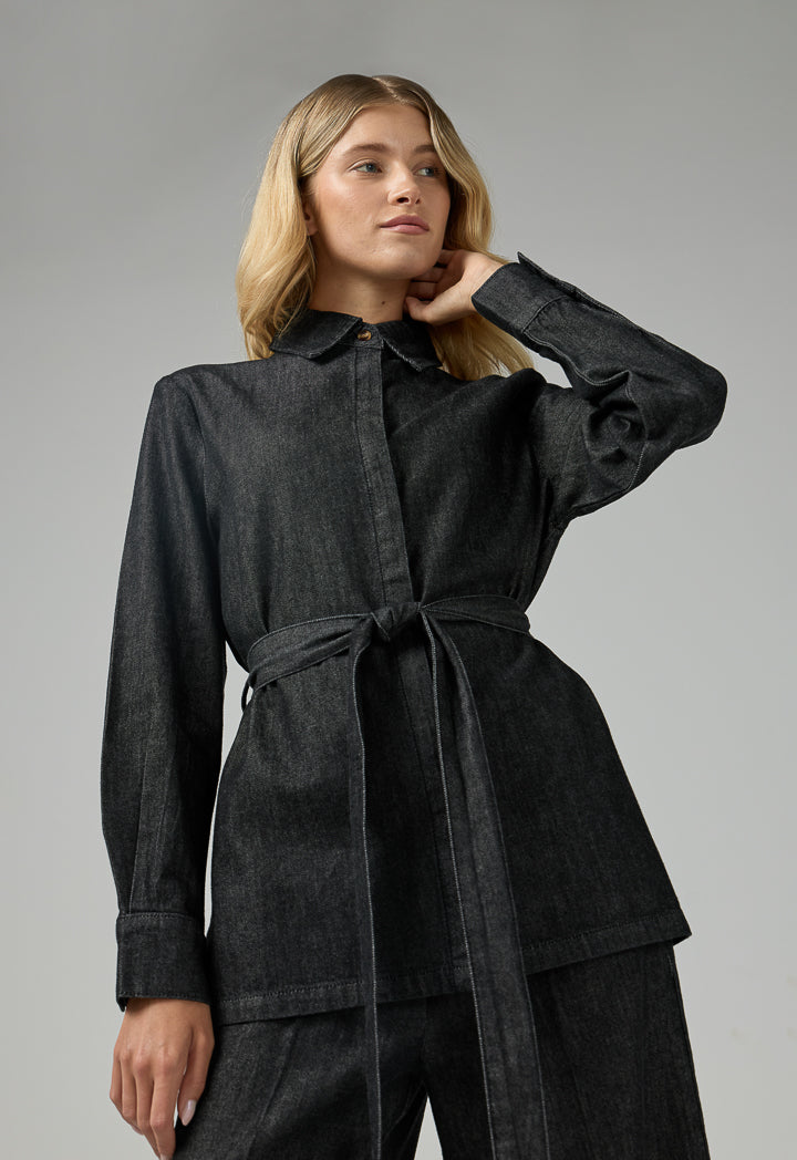 Choice Solid Belted Denim Shirt  Black