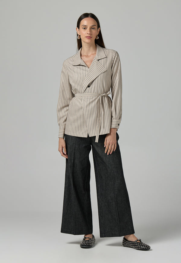 Choice Contrast Striped Belted Shirt  Beige