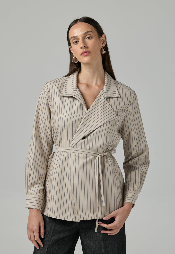 Choice Contrast Striped Belted Shirt  Beige