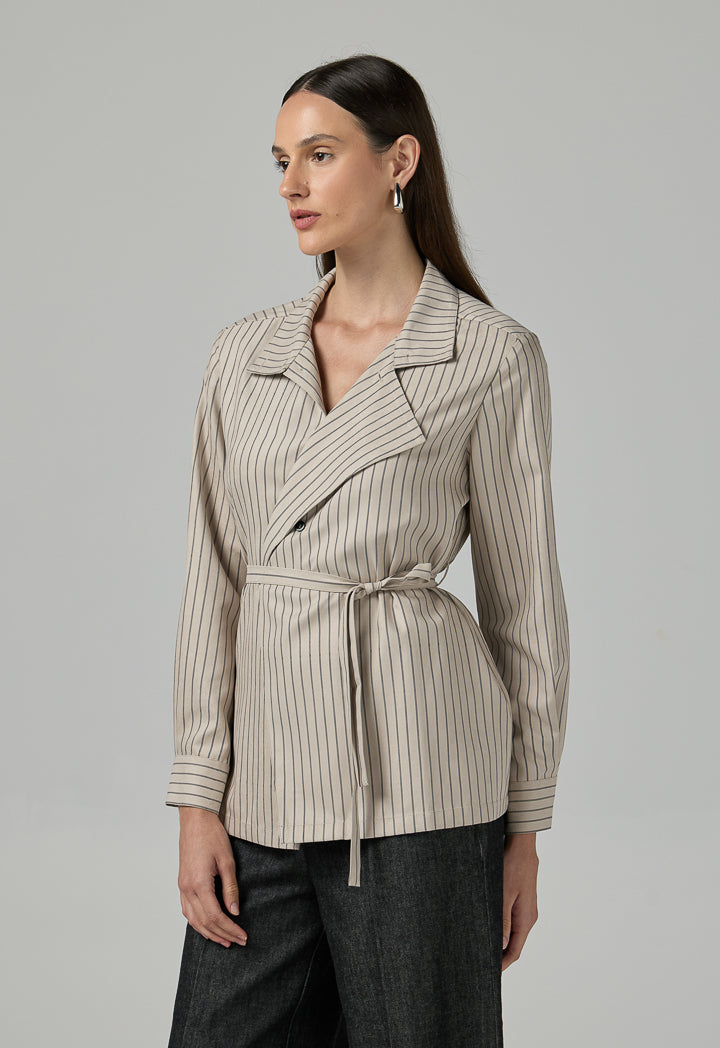 Choice Contrast Striped Belted Shirt  Beige