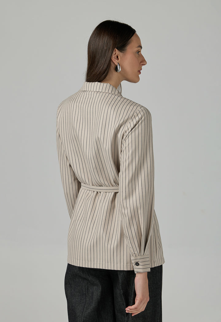 Choice Contrast Striped Belted Shirt  Beige