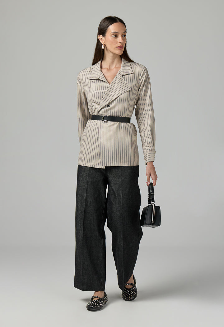 Choice Contrast Striped Belted Shirt  Beige