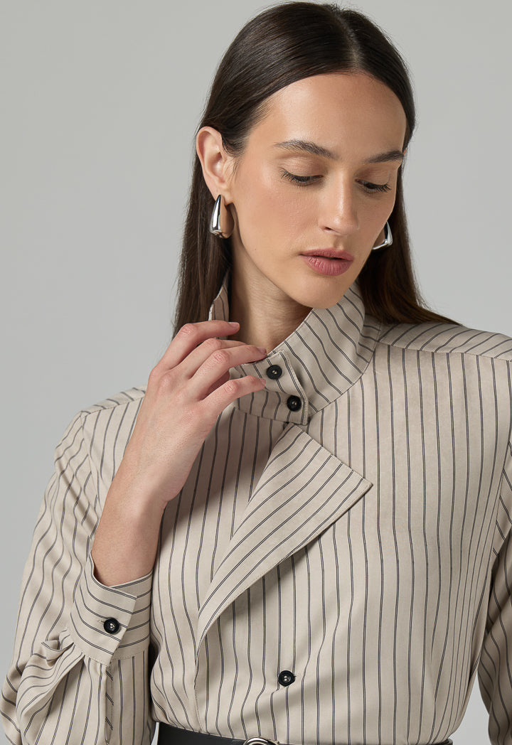 Choice Contrast Striped Belted Shirt  Beige
