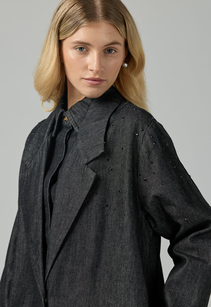Choice Notched Collar Denim Jacket Black