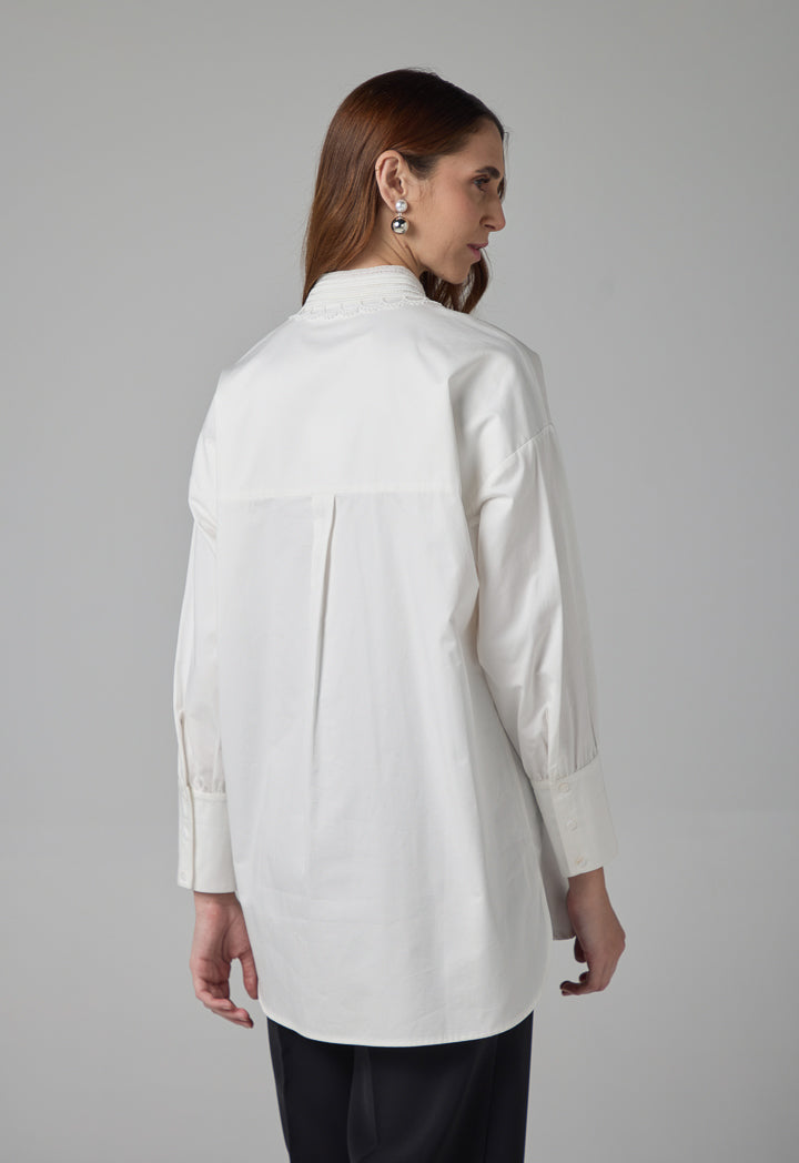 Choice Schiffli Collar Long Sleeves Shirt Off White