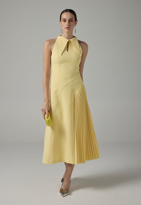 Choice Pointed Collar Pleated Maxi Dress Yellow