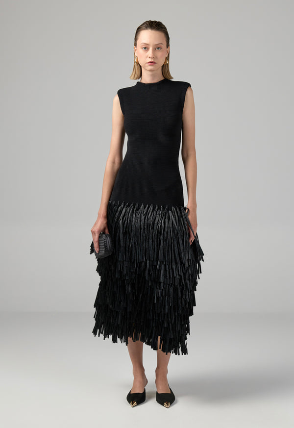 Choice Sleeveless Raffia Fringe Knitted Dress Black