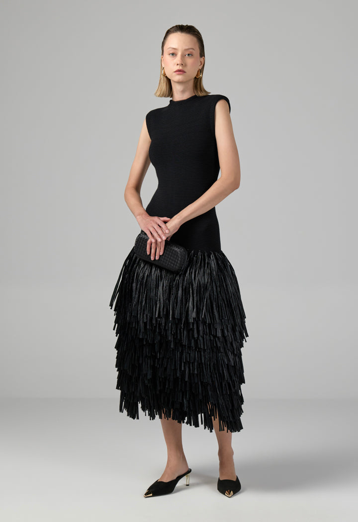 Choice Sleeveless Raffia Fringe Knitted Dress Black