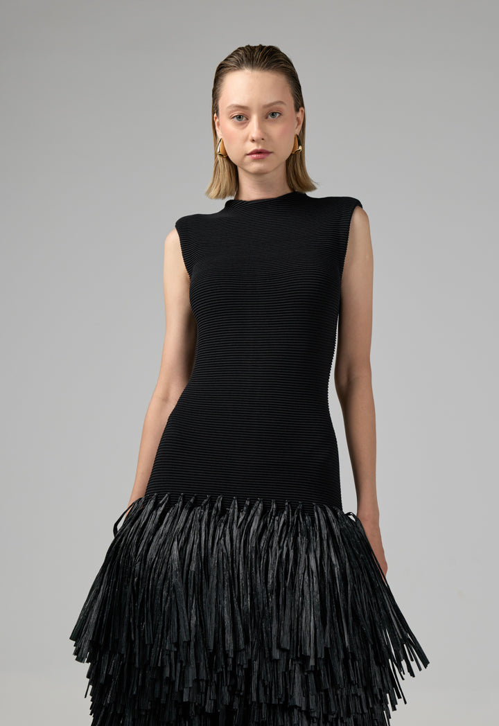 Choice Sleeveless Raffia Fringe Knitted Dress Black