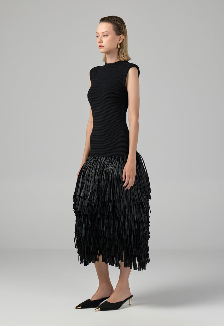 Choice Sleeveless Raffia Fringe Knitted Dress Black